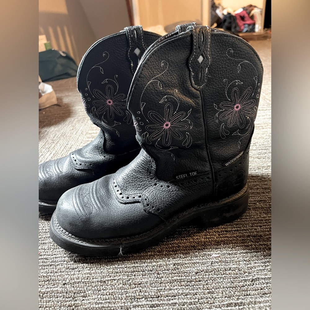 Justin Ladies Gypsy Waterproof Steel Toe 8in Black Cow Work Boots Size 8.5